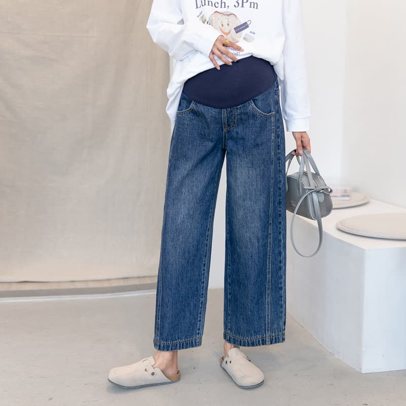 Fashionable maternity wear, spring and autumn maternity jeans, belly-supporting pants, nine-point wide-leg pants, loose, Korean style, slimming