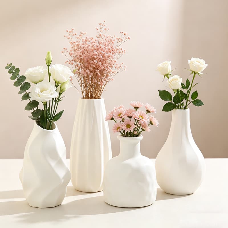 Cross-border Hot Selling White Faux Ceramic Plastic Vase Chinese Style Small Mouth Vertical Diamond Pattern Vase for Flower Arrangement Premium Look