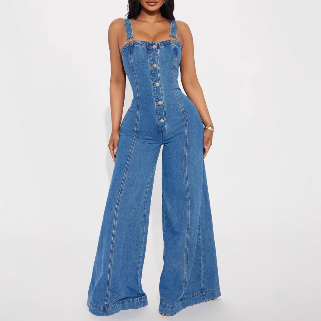 New Fashion Denim Jumpsuit for Export, Hot-Selling European and American Cross-Border Slim Fit Waist Wide-Leg Pants, Washed Strappy Jumpsuit