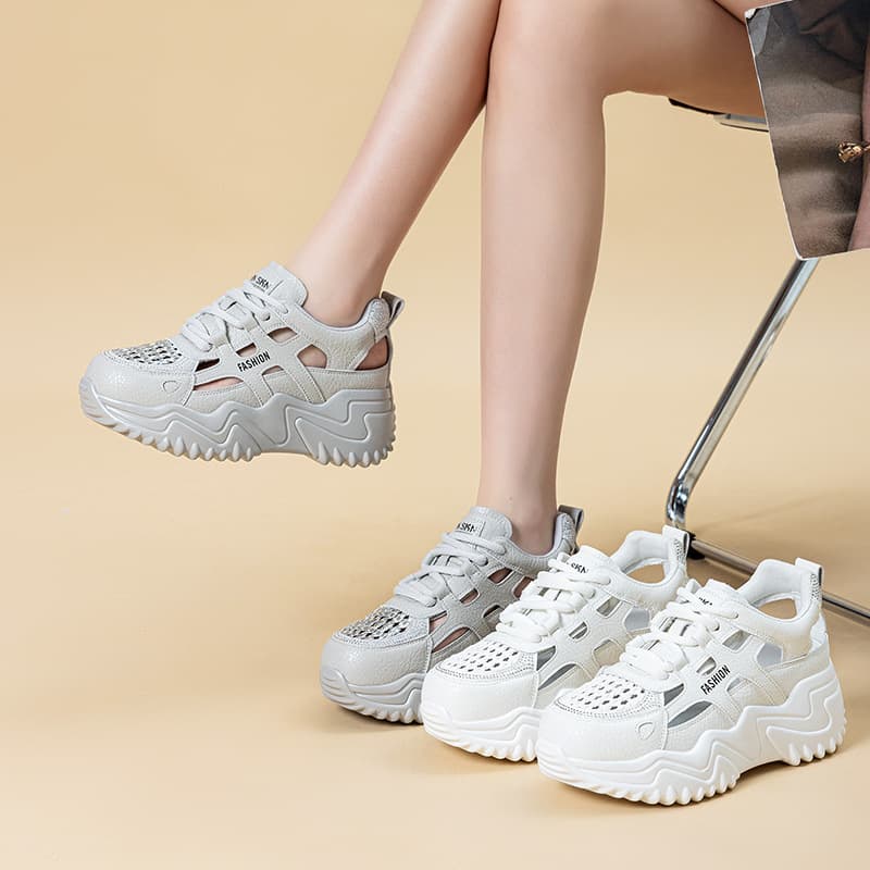 6cm TikTok trending women's summer hollowed-out mesh breathable versatile white sneakers with perforations for sports and casual wear.