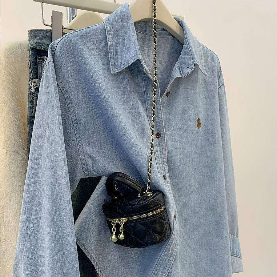 Vintage Blue Shirt for Women Early Spring Long Sleeve Casual Loose Fit Inner Layer Outerwear Shirt Jacket European Style