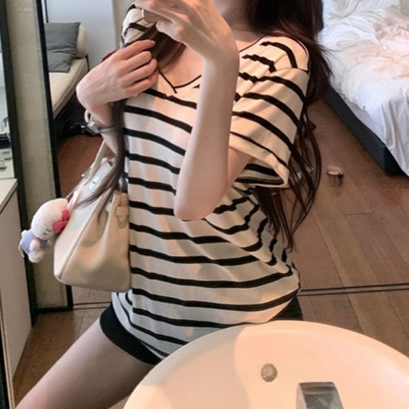 Black and White V-Neck Striped Short-Sleeved T-Shirt for Women, Loose Lyocell Top, Sun Protection Cover-Up + Elastic Waist Shorts