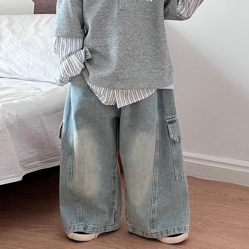 New Korean Style Spring/Autumn Children's Jeans, Loose Fit Long Pants for Toddlers and Kids, Trendy Streetwear Casual Wide-Leg Pants