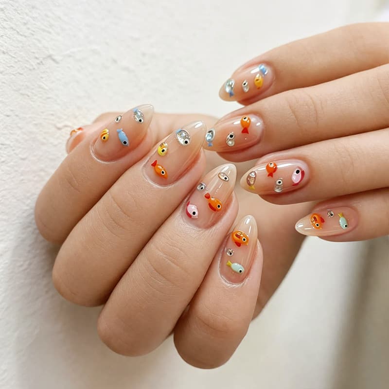Cross-Border Cartoon Hot-Selling Wearable Nails Short Ocean Sweet Cool Nail Patches Pearl Rhinestone Gold Powder Fake Nails 30 Pieces
