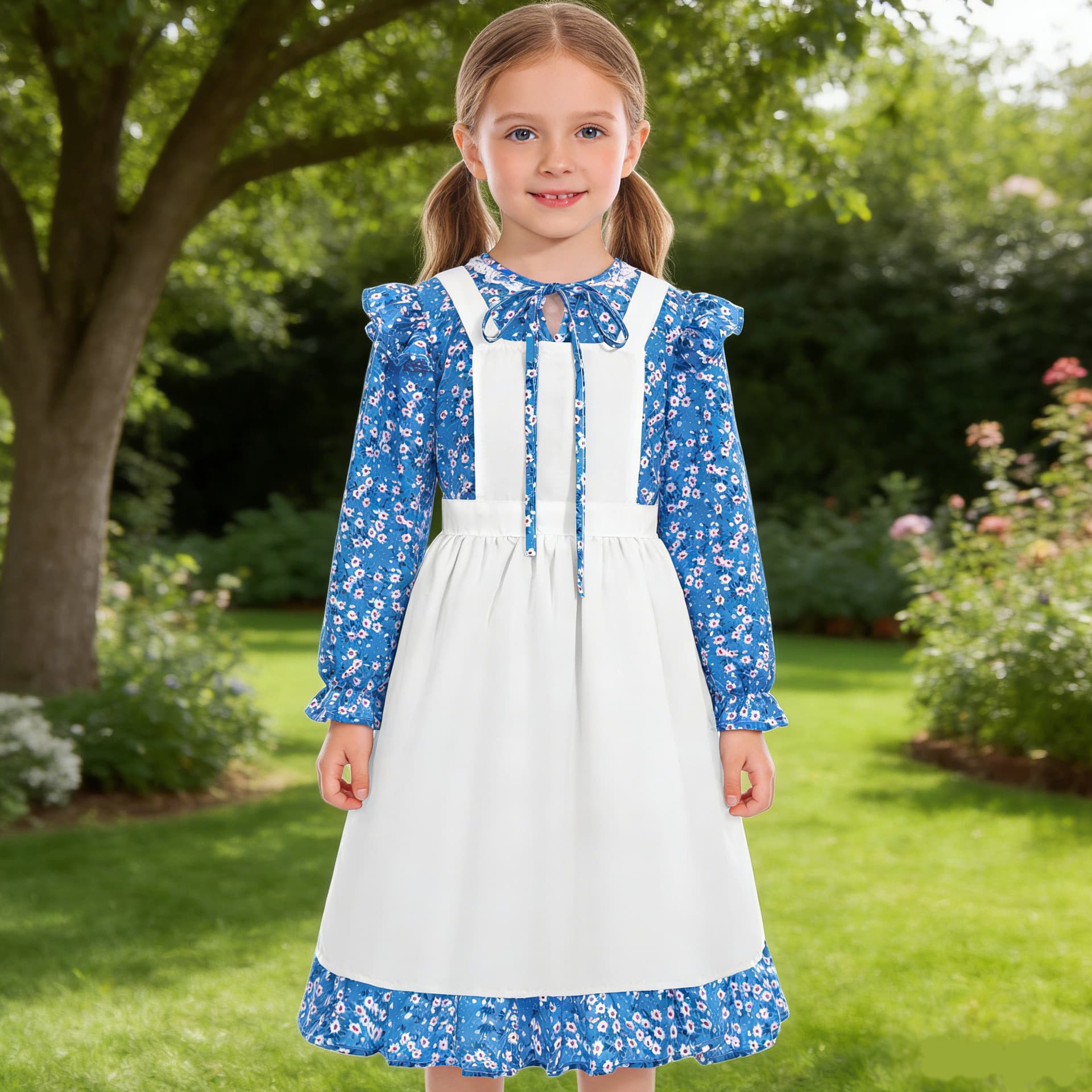Pioneer Girl Dress for Children Girls Blue Floral Apron Dress Set Holiday Party Performance
