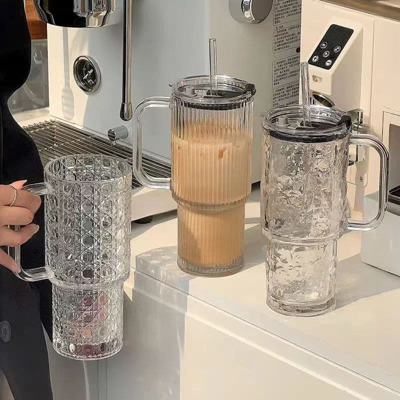Large Capacity Straw Cup with Handle, Ins-Style Vertical Striped Glass Water Cup, Office Milk Coffee Beverage Cup