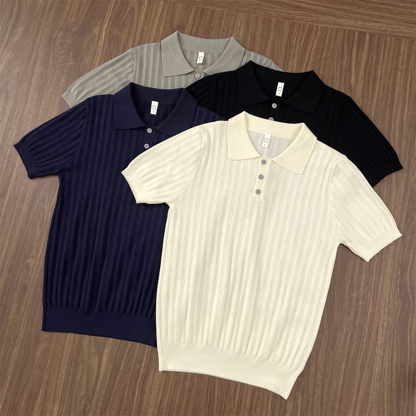 Old Money Style Ribbed Knit Short-Sleeve Polo Shirt for Men, Summer Husband-Inspired Outfit, Turn-Down Collar T-Shirt, Ice Silk Breathable Half Sleeve