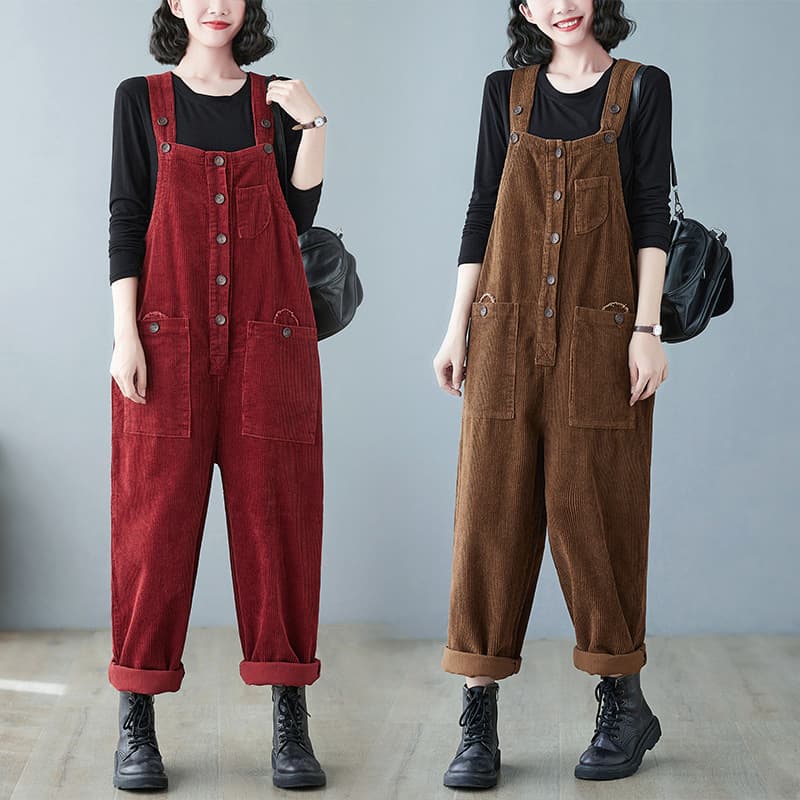 Vintage Corduroy Suspender Pants for Women, Autumn/Winter, Loose Fit, Slimming, Casual Overalls, Trendy