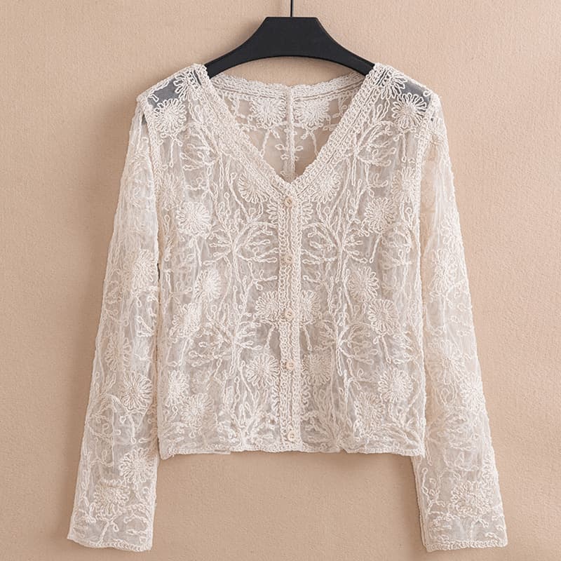 Lace Cardigan Top for Women Long Sleeve Spring Autumn New Fashionable Thin Outerwear Hollow Out Cover-Up Women's Clothing 265