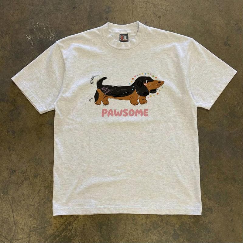 American Vintage Heavyweight Cotton Unique Original Design~PAWSOME Dachshund Graffiti Print Short Sleeve T-Shirt