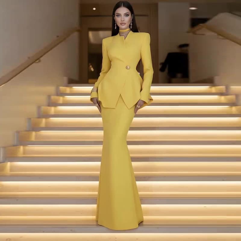 2026 New Women's Fashion Long Sleeve Suit with Waist-Hugging Yellow Bodycon Design for Cross-Border E-Commerce on Amazon US and EU Markets