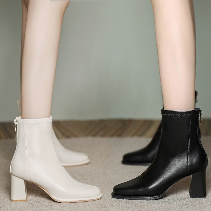 Black Chelsea Chunky Heel Mid Heel High Heel Short Boots Women 2026 Spring Autumn New Style Soft Leather Fleece-Lined Slim Boots