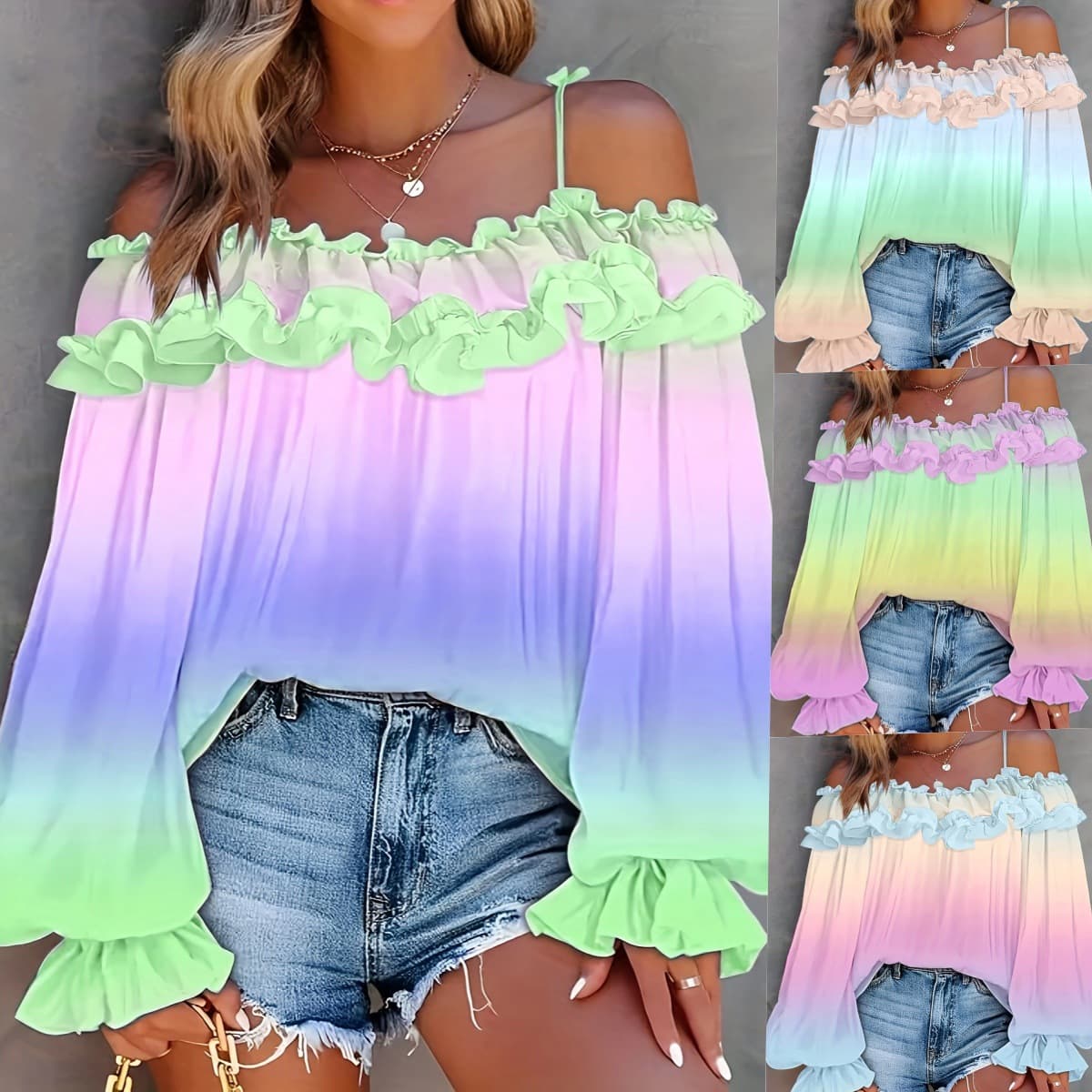 2025 Summer European and American Cross-Border Export New Sexy Off-Shoulder Contrasting Gradient Lace Large Size Top