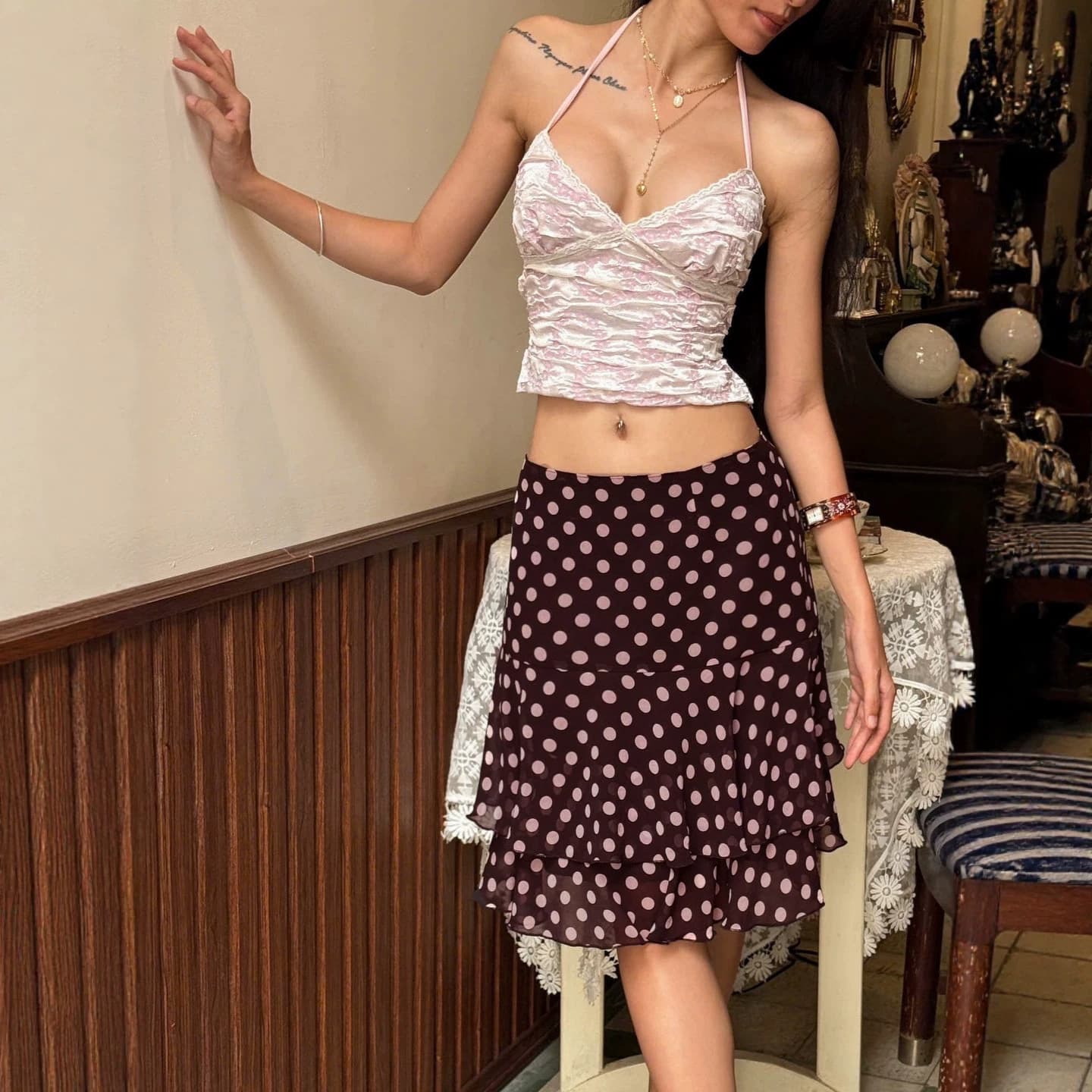 American Retro Polka Dot Skirt for Women, Ruffle Tiered Midi Skirt, Slimming Pure Hot Short Skirt, Wholesale