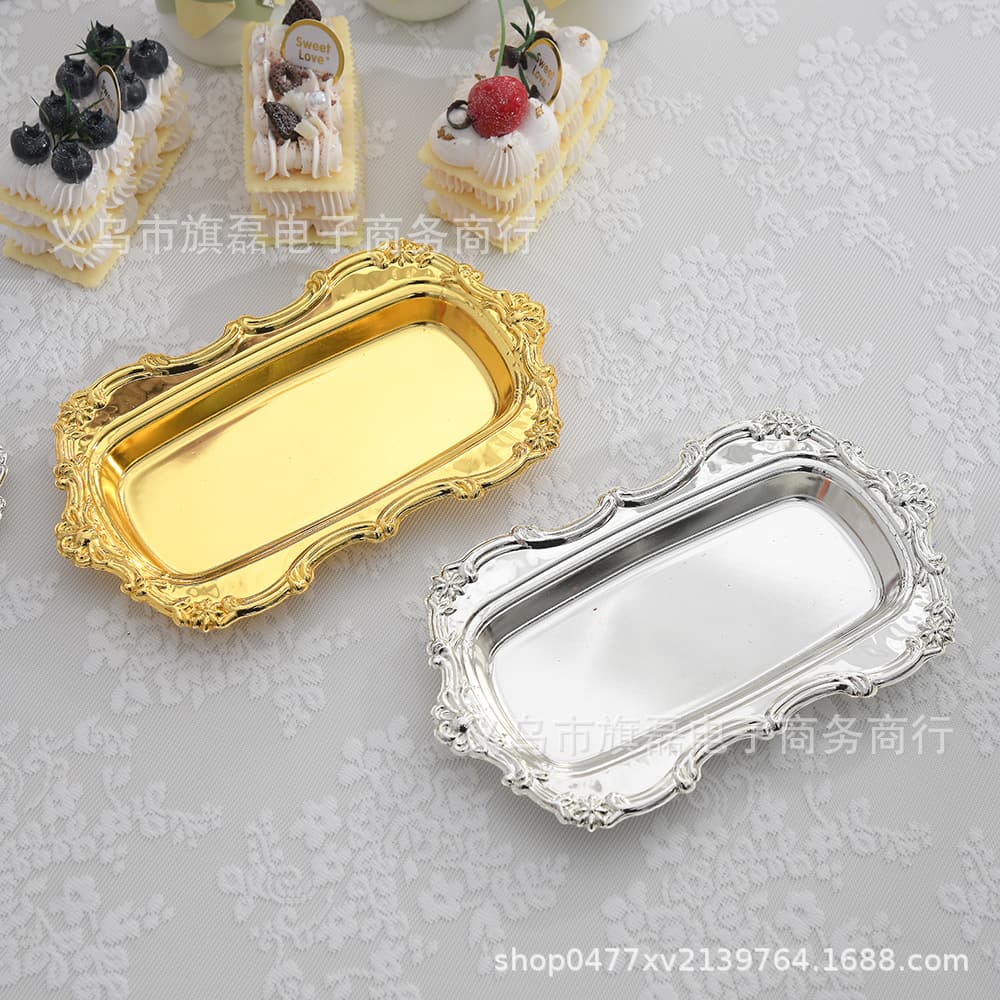 Middle East Light Luxury Metal Tray Gold Trim Silver Snack Fruit Dessert Cake Rectangular Serving Display Plate