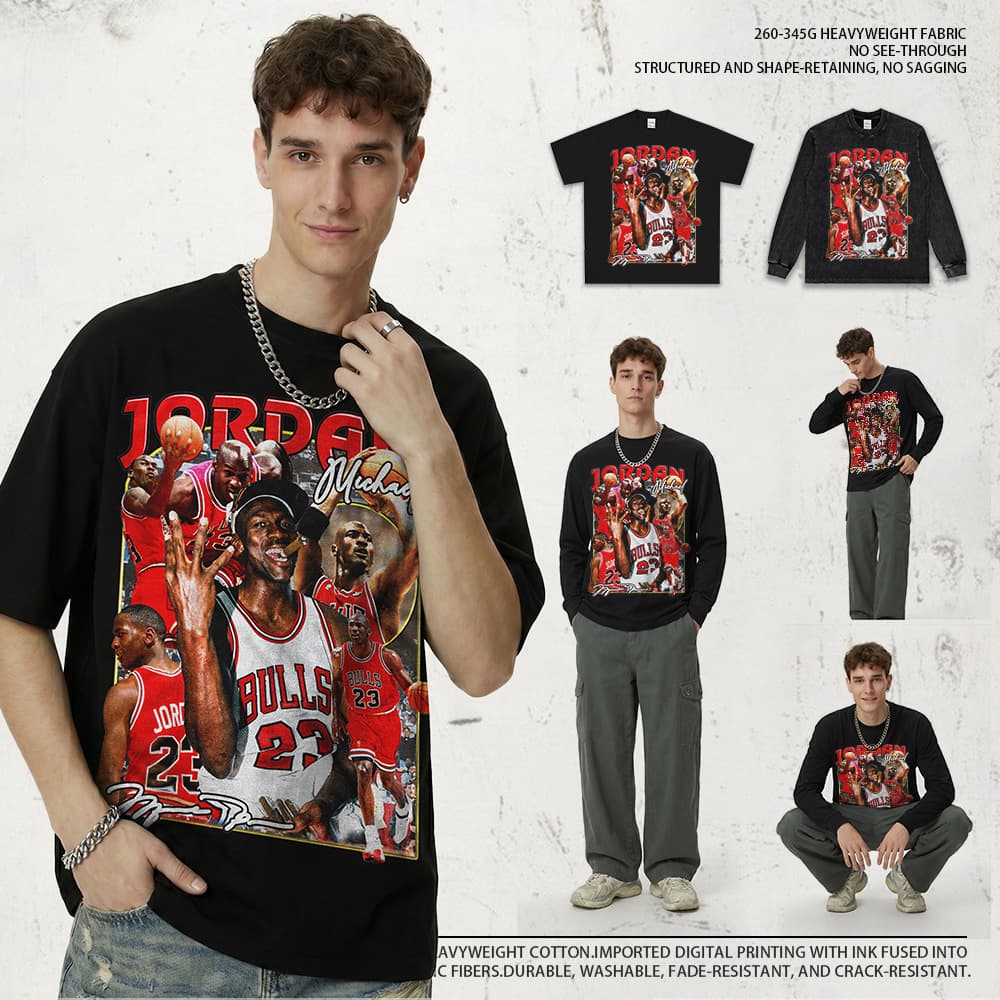 Cross-border vintage bull Jorden print long-sleeve short-sleeve T-shirt Vintage heavyweight pure cotton round-neck hooded sweatshirt