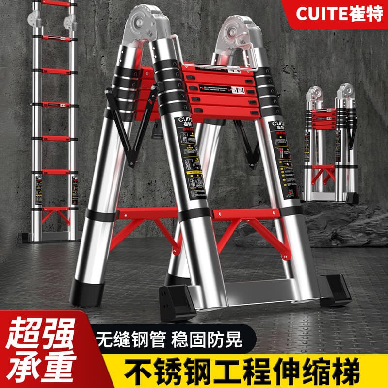 Stainless Steel A-Frame Ladder, Multi-Function Telescoping Attic Folding Ladder, Thickened Indoor Engineering Ladder