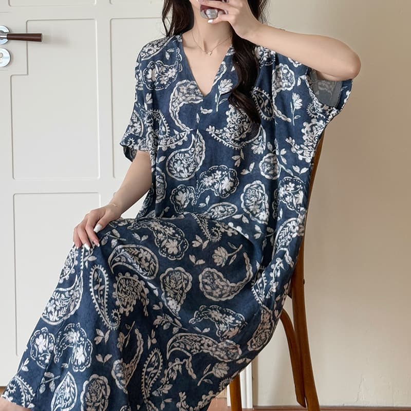 New Chinese-style Cotton Silk Dress for Women Summer Short Sleeve Beach Style Vintage Patchwork Ultra-long Cotton Silk Dress