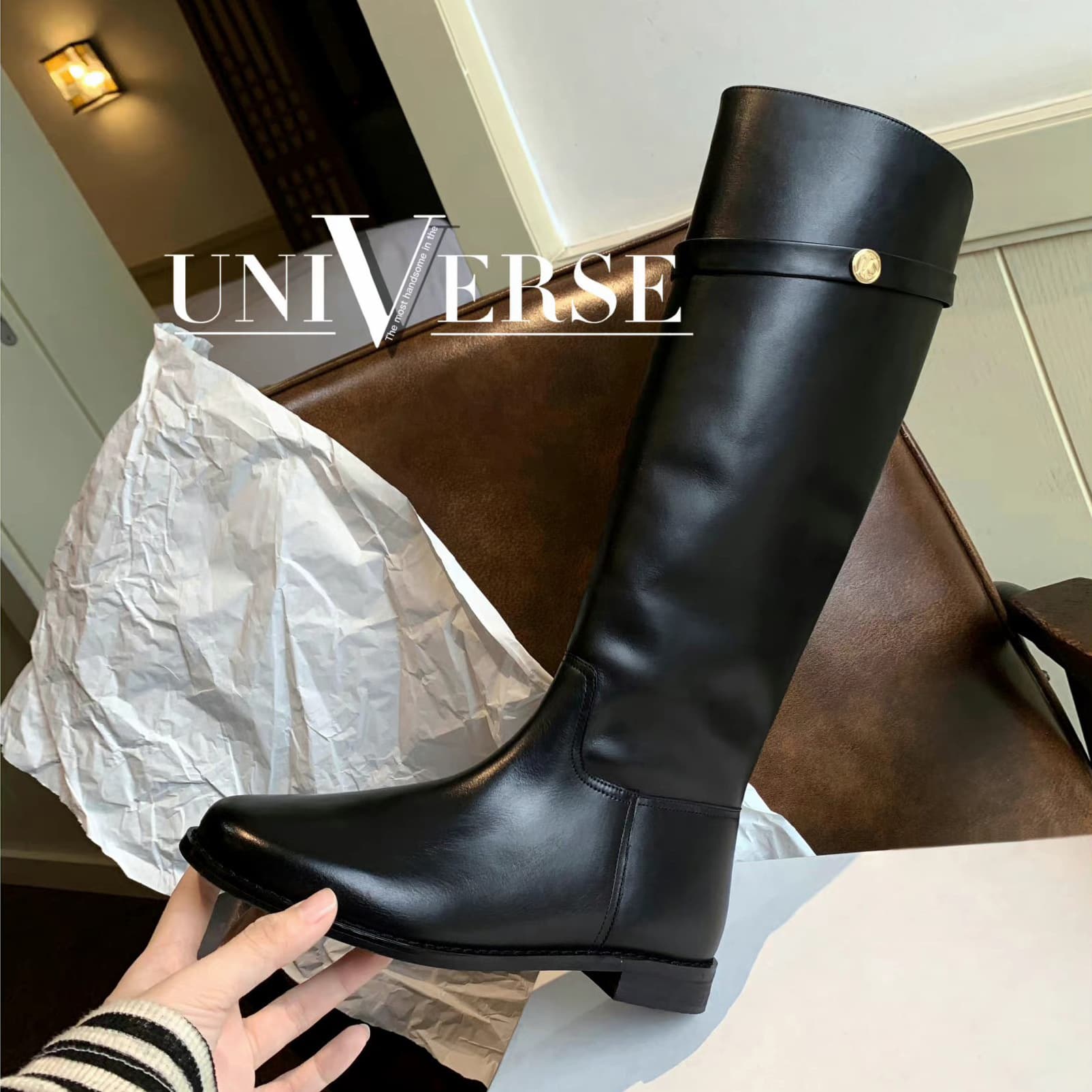 In Stock Fleece-Lined Cowhide Version Small Coin Chunky Heel Thick Sole Mid-Calf Riding Boots Women Autumn Winter High Riding Boots