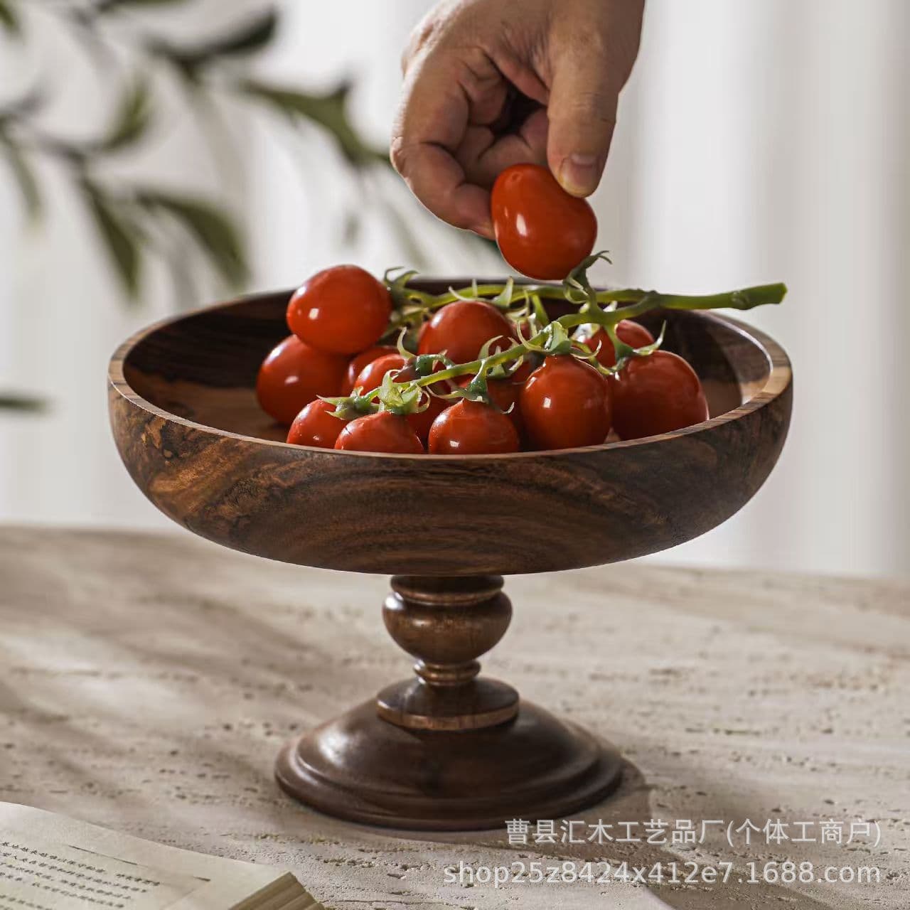 Vintage Style Solid Wood Tall Fruit Bowl Bread Pastry Display Tray Afternoon Tea Dessert Snack Cake Platter