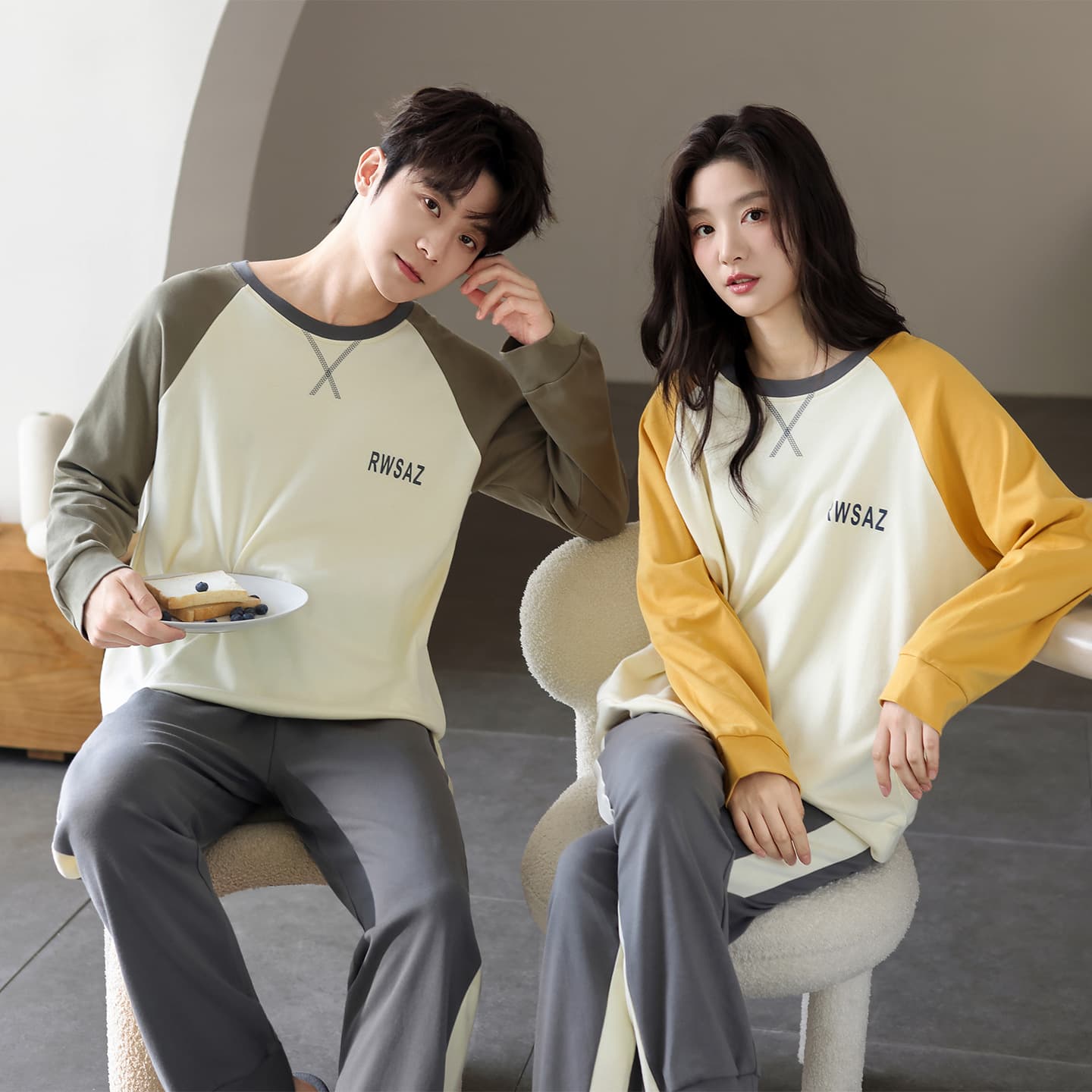 Korean-style Casual Pure Cotton Couple Pajamas for Women, Autumn Simple Round Neck Long Sleeve Full Cotton Men's Homewear Wearable Outside
