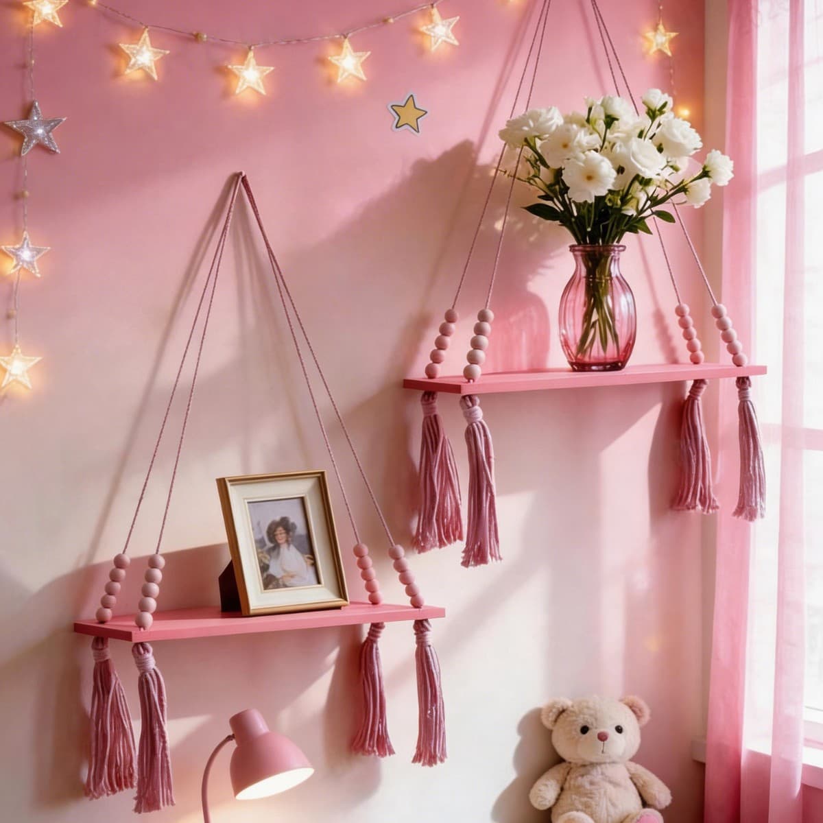 Bohemian style plant book shelf cross-border hot sale pink wooden beads tassel rope wall shelf