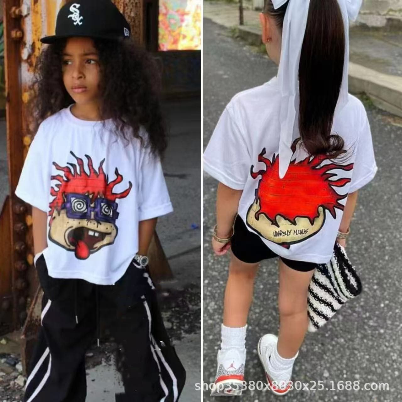 Children's Short T-Shirt 240g Double-Layer Thickened Pure Cotton Short Sleeve Large Print Pattern for Boys and Girls