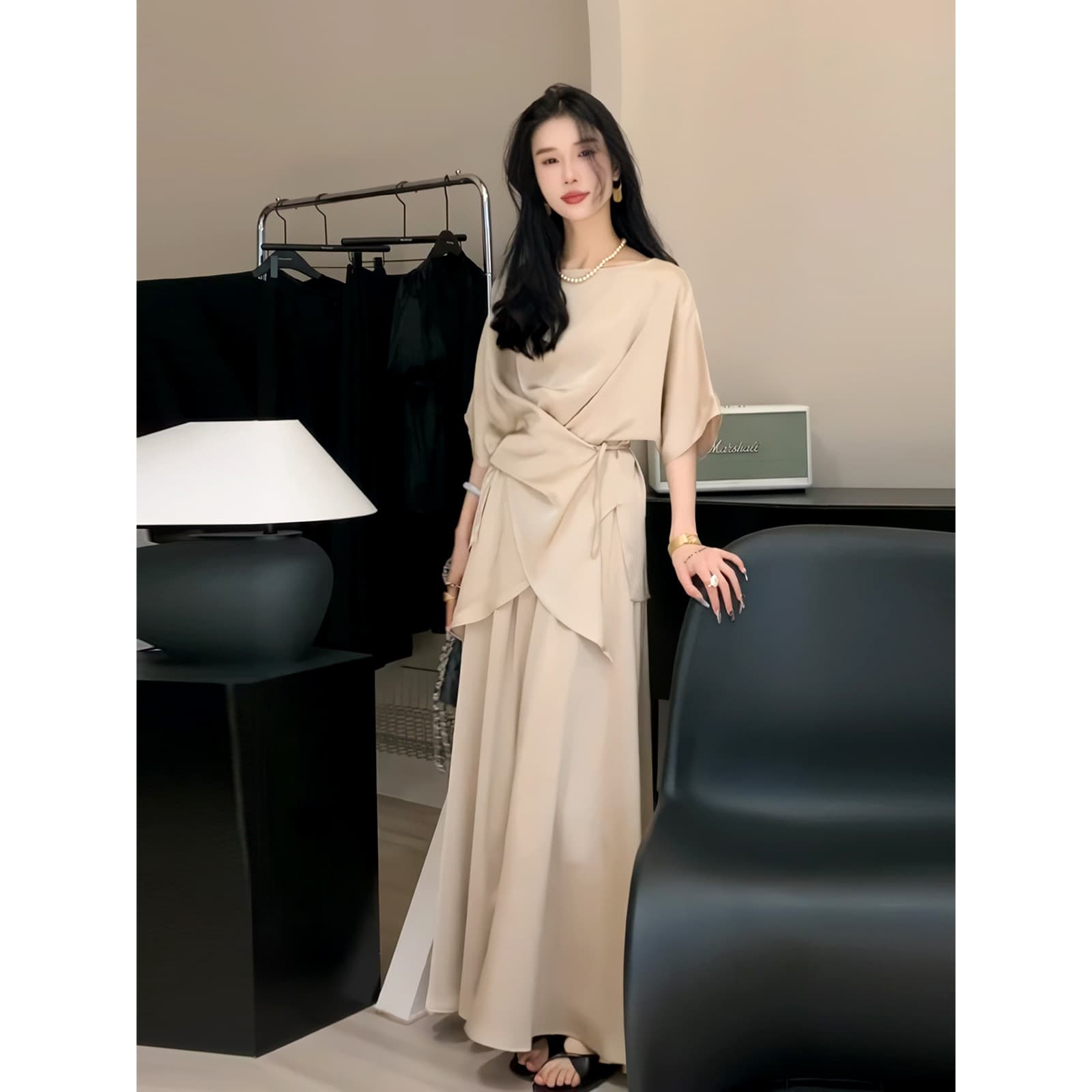 2813 Plus-Size Women's Clothing Cross-Tie Shirt and Skirt Set for Women, Covering Belly and Hips, Summer Dress Set