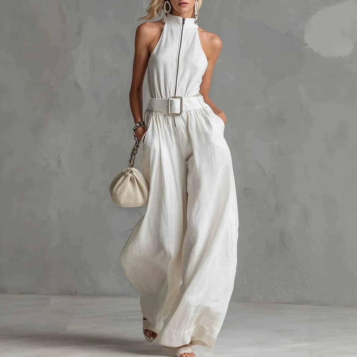 2026 Cross-Border European and American Women's Summer New Solid Color Elegant Round Neck Halter Belt Jumpsuit