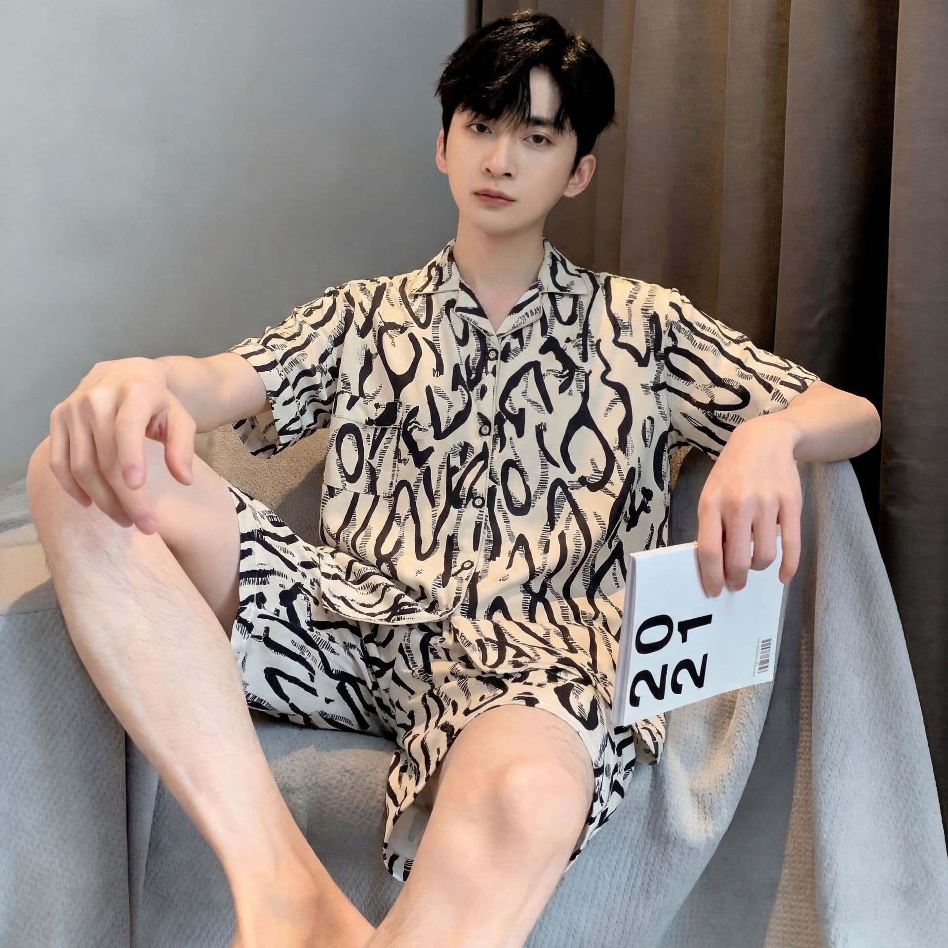 Ice Silk Men's Pajama Short Sleeve Spring/Autumn Thin Casual Cardigan Men's Summer Home Wear Two-Piece Set Wearable Outside