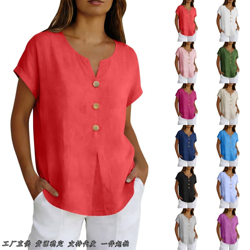 New Summer Short Sleeve Blouse Loose V-Neck T-Shirt Women's Top Hot Selling in Europe and America Cross-Border
