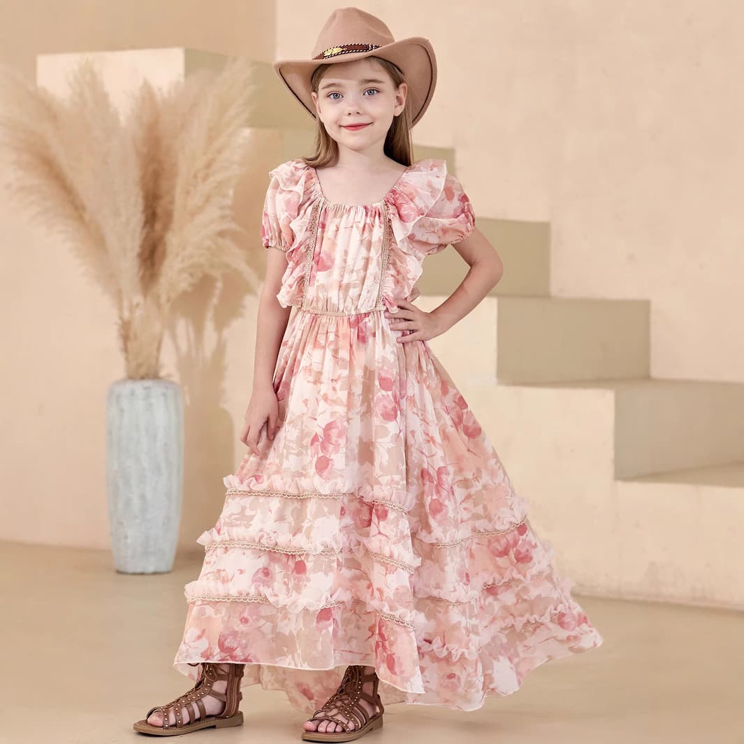 Girls' Summer Floral Dress Square Neck Puff Sleeves Multi-Layer Skirt Sweet Princess Style Vintage Vacation Long Dress