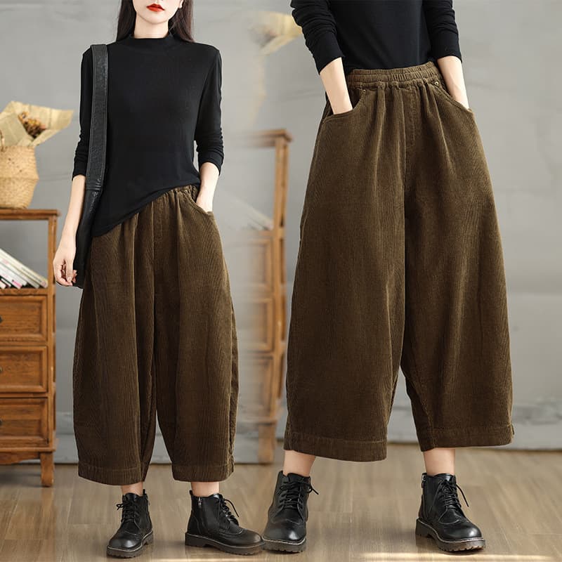 2025 Autumn/Winter New Plus Size Women's Casual Corduroy Ankle Pants, Loose Fit Slimming Bootcut Trousers