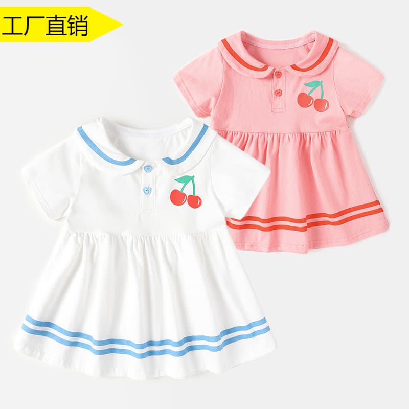 Girls Cotton Summer Dress Short Sleeve Korean Style Princess Skirt Children's Clothing Infant Baby Outfit Pure Color Dress