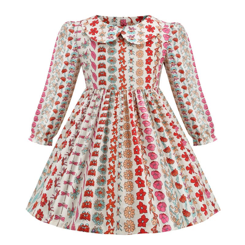 2026 Spring/Autumn New Turn-down Collar Long-sleeve Cute Printed Cotton Girls Dress Princess Dress Cotton Skirt Wholesale