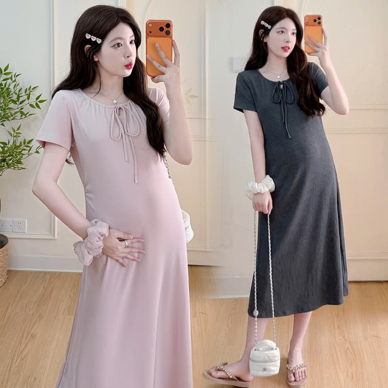 Summer New Maternity Dress, Lace-Up Short Sleeve, Elegant Long Skirt, Loose Slimming Plus Size Long Dress