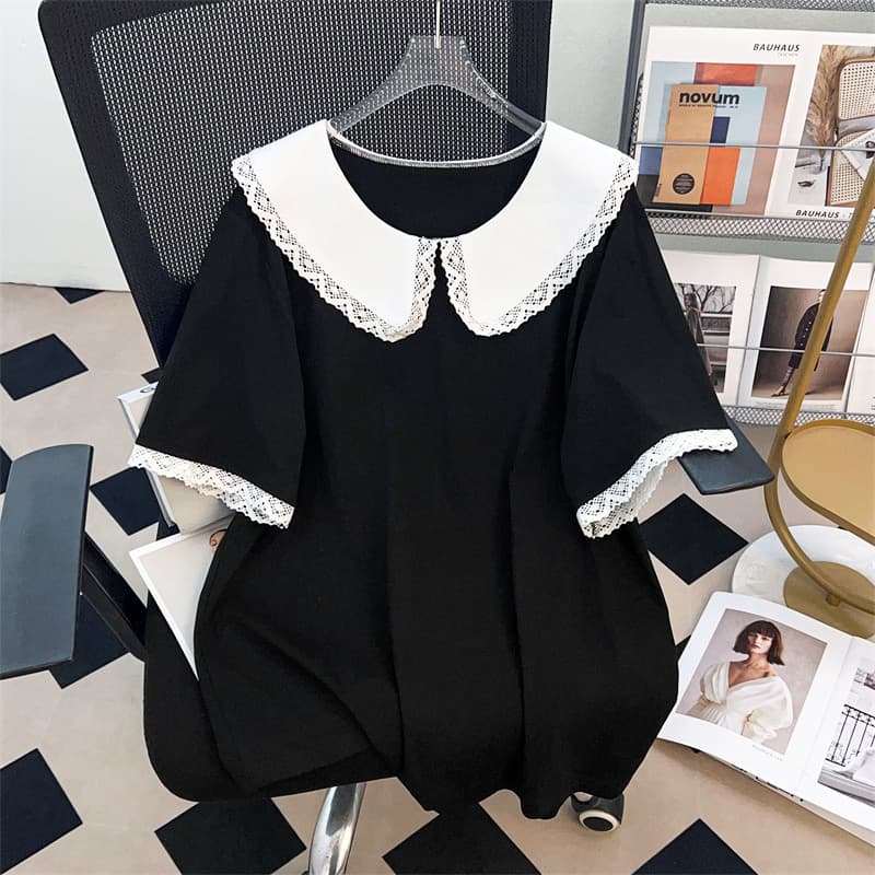 Plus Size Women's Summer Doll Collar Top Slim Fit for 200-300 lbs Short Sleeve T-Shirt 7107