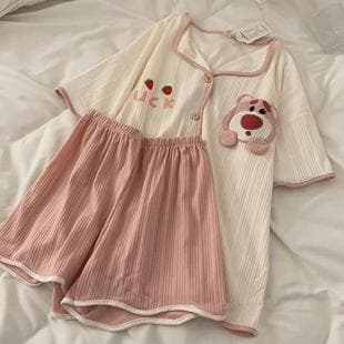 Cute Cartoon Strawberry Bear Print Pajamas for Women Summer Loose Sweet Student Loungewear Cross-border Export