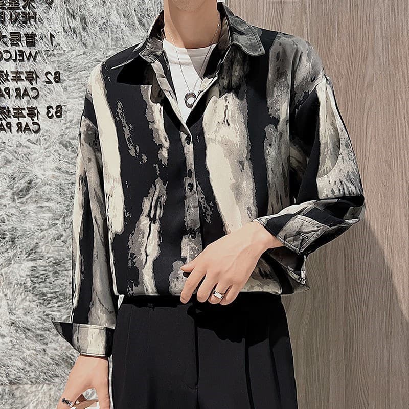Men's Loose Long Sleeve Printed Shirt Water-Media Vintage Style Casual Fashionable Summer Polyester Fiber G10-G9 Model