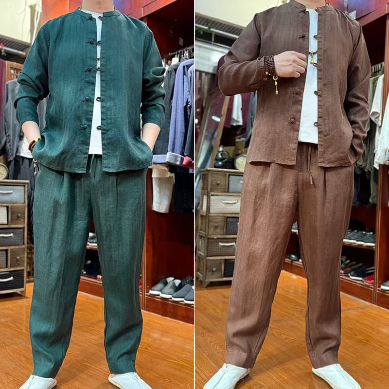 Men's Tang Suit Tencel Linen Spring Summer Autumn Long Sleeve Long Pants Top Plus Size Men's Linen Tang Suit
