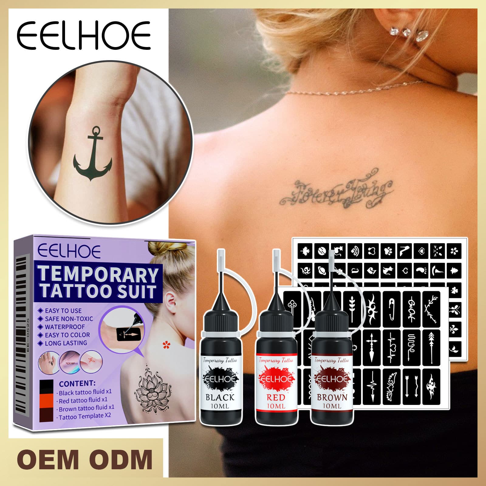 Eelhoe Juice Tattoo Kit Waterproof Long-lasting Temporary Painless Hollow Pattern Template Juice Tattoo Ink
