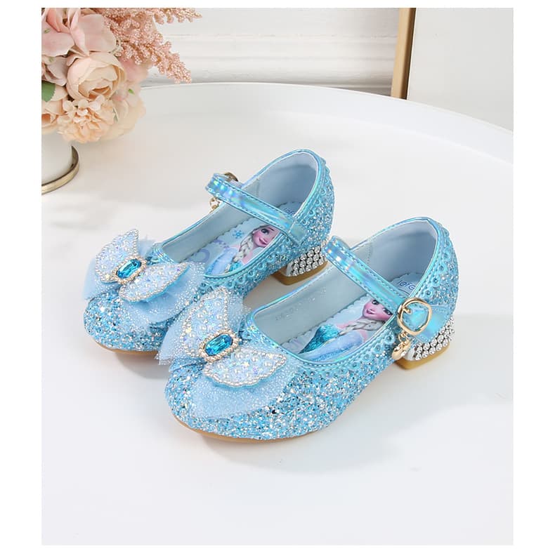 Elsa Princess Shoes Spring and Autumn New Style Little Girl Crystal Shoes Baby Velcro Shoes Blue Children's High Heels