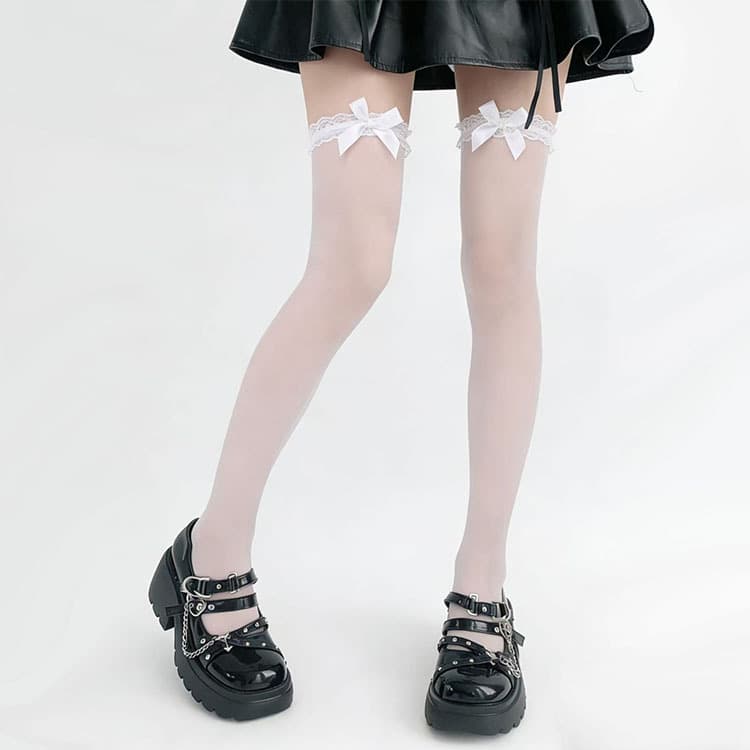 Japanese-style cute bowknot white lace long socks, thin summer style, sexy white knee-high socks for women