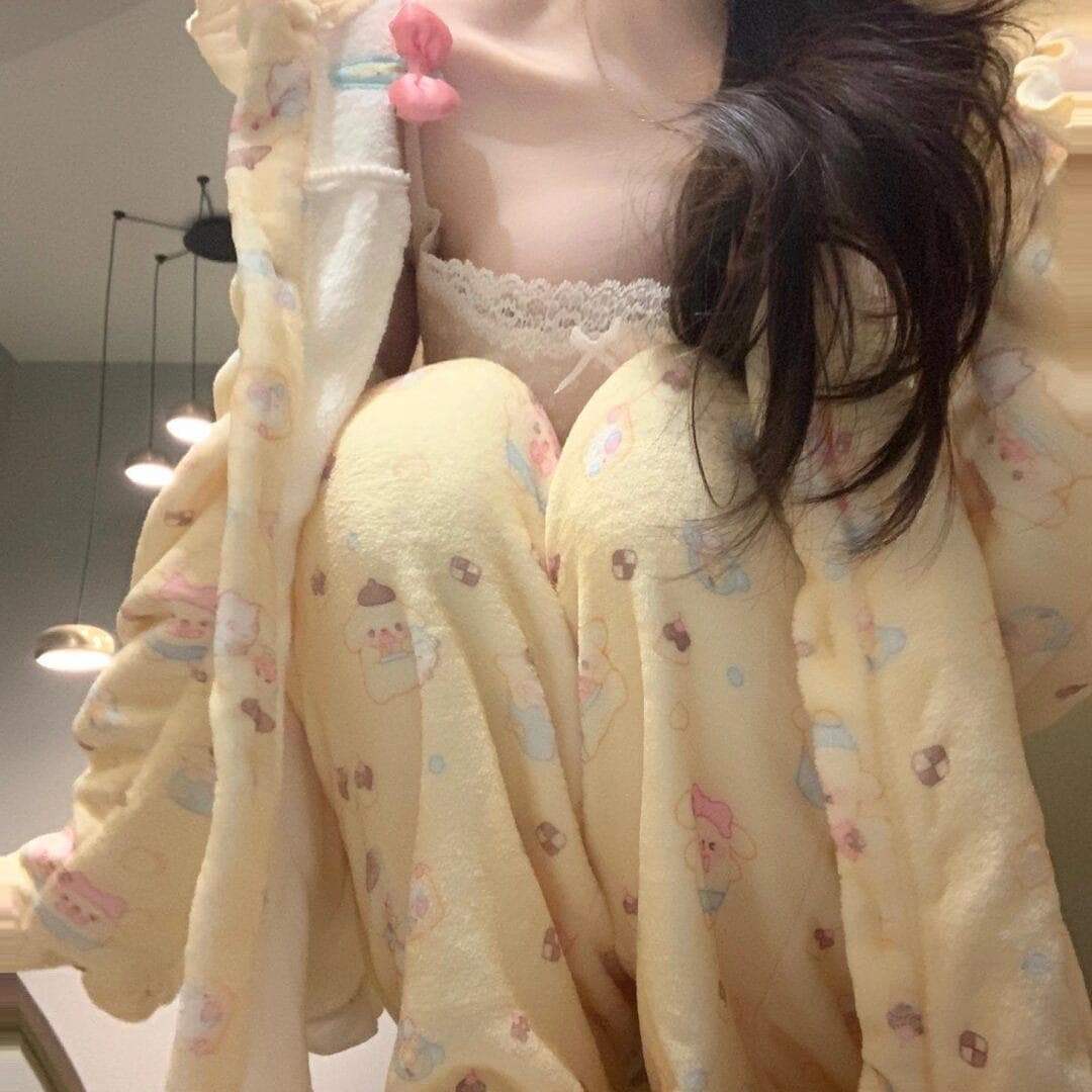 Soft Plush Flannel Pajamas Women's Style Fleece Lined Home Clothes Set Sweet Girl's Style Comfortable Warmth Winter Home Suit
