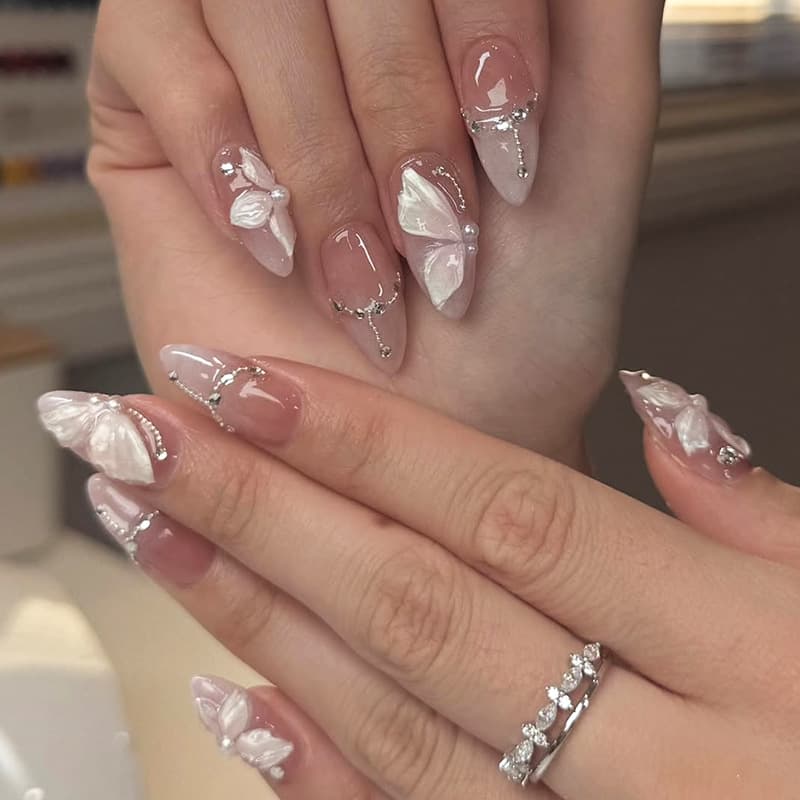 Cross-border butterfly diamond-encrusted fake nails three-dimensional flower wearable nails wholesale manicure nail patches almond nail patch set
