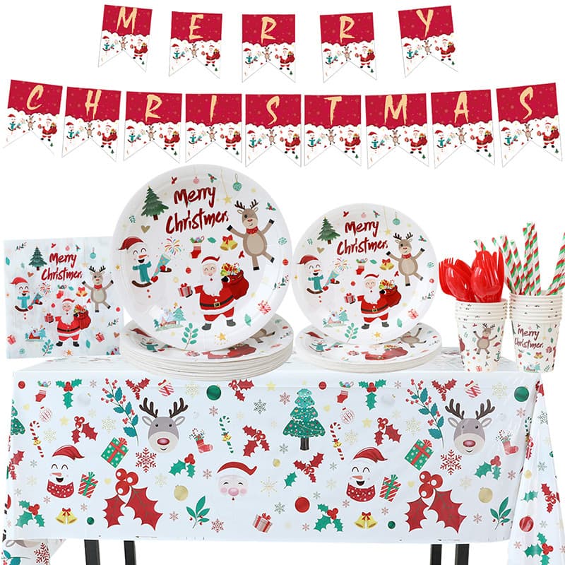 Christmas Santa Decoration Merry Christmas Tablecloth Paper Plates Paper Cups Napkins Party Tableware Set