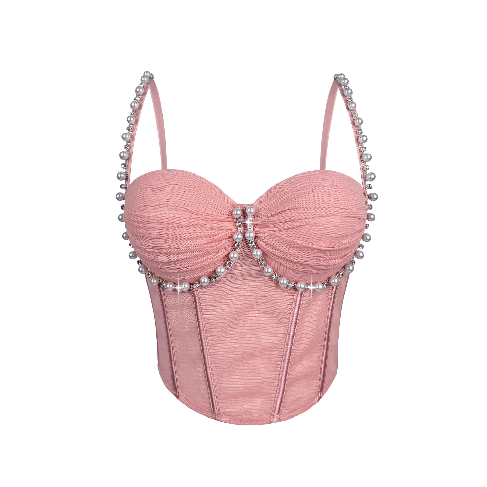 New Pearl Diamond Pleated Fishbone Corset Mesh Steel Ring Camisole Top Slimming Strapless Fishbone Bustier