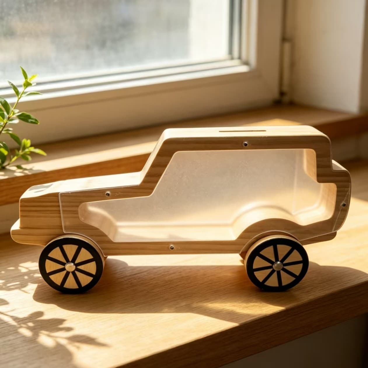 Solid Wood Car-Shaped Piggy Bank Creative Transparent Savings Bank Children's Gift Home Decoration Wholesale Eco-Friendly Material