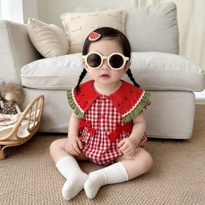 Candy style girl's watermelon style plaid jumpsuit summer wear infant lapel crawler clothing fashionable going out wear
