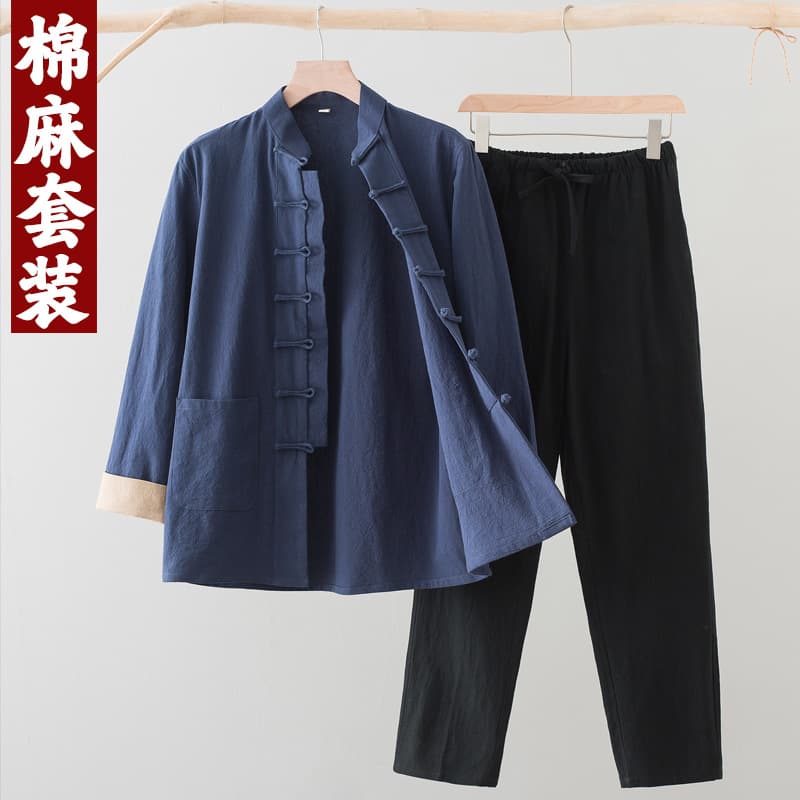 Chinese-style Tang suit for men, long-sleeve linen roll-sleeve two-piece set, Chinese-style frog-button retro spring and autumn monastic clothing, Hanfu.